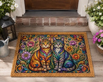 Puede incluir: Un felpudo rectangular de fibra de coco con una colorida ilustración estilo vidriera de dos gatos sentados uno al lado del otro. Los gatos están rodeados de flores y patrones en espiral en tonos naranja, azul, morado y amarillo.