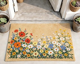 Felpudo de flores silvestres brillantes, felpudo floral de bienvenida, decoración de verano para el porche, felpudo de fibra de coco para exteriores, felpudo de jardín colorido, regalo de inauguración de casa