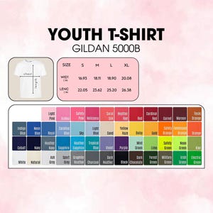 May include: A white youth t-shirt with size and color options. The image includes a size chart with measurements in inches and a color palette featuring various shades like blue, green, and pink.