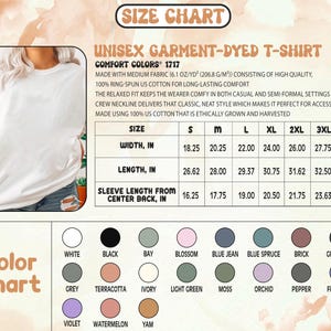 May include: A white unisex garment-dyed t-shirt with a crew neckline. The image includes a size chart with measurements in inches for width, length, and sleeve length. A color chart displays various color options.
