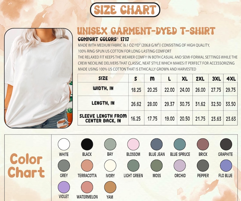 May include: A white unisex garment-dyed t-shirt with a crew neckline. The image includes a size chart with measurements in inches for width, length, and sleeve length. A color chart displays various color options.