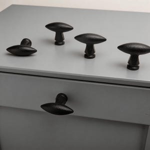 May include: A collection of five black cabinet knobs with a textured, oval design. The knobs are mounted on a gray cabinet, with one knob attached to a drawer. The knobs have a classic, understated aesthetic.