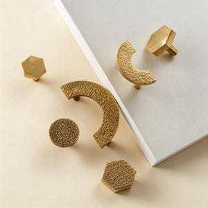 Hammered Brass Cabinet Pull, Antique Gold Hexagon Round Half-Moon Knob