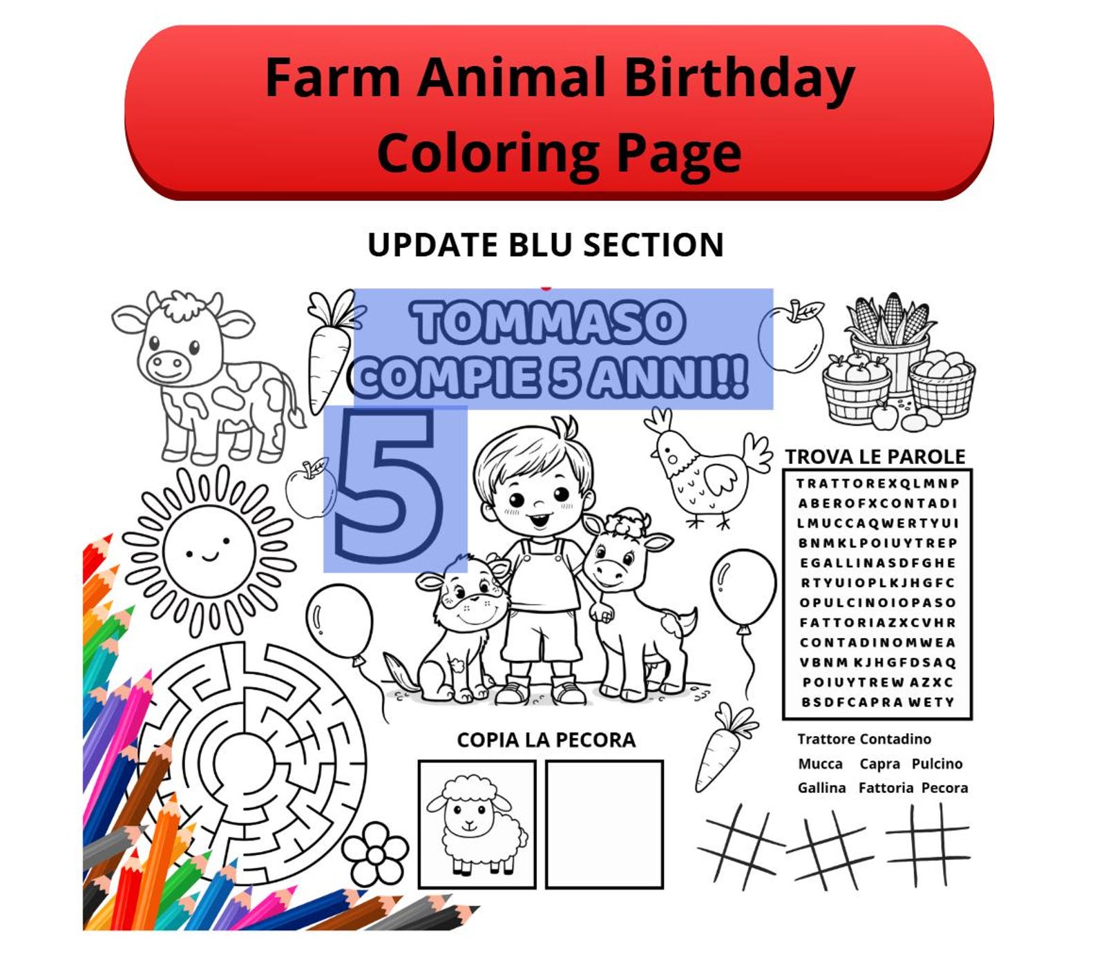 Custom Birthday Coloring Pages in Canva | Farm Activity Poster for Kids ...
