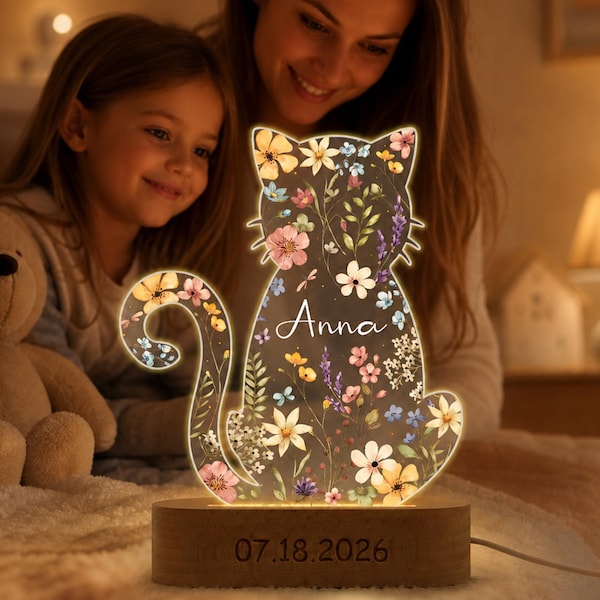 Floral Cat Pattern LED Light, Custom Name Acrylic Lamp, Indoor Decor Night Lamp, Birthday Gift Ideals, Gift For Cat Owners, For Cat Lovers