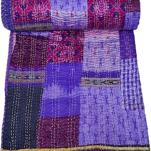 Trapunta Kantha in seta viola fatta a mano indiana / Copriletto patchwork / Coperta reversibile / Biancheria da letto boho