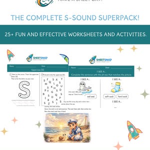 May include: Educational worksheet pack for children, focusing on the letter 'S' and associated activities. Includes tracing, matching, and sentence completion exercises. The pack also includes a picture of a boy and a snail on the beach. Age 4+.