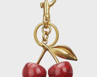 Glitter Cherry Keychain – Gold Red Fruit Bag Charm Accessory