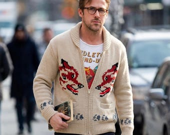 Hail Marry Inspired Fox Cardigan | Wool hand knit Men's Zip Sweater.