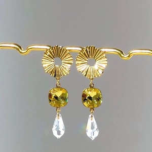 Gold-yellow crystal and clear teardrop earrings — handmade gold sun stud earrings — summer statement jewelry — unique gift