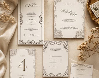 Wedding Invitation Suite Template, Editable Canva, Vintage Elegant Invite, RSVP, Menu, Instant Download