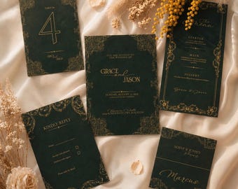 Wedding Stationery Suite Canva, Editable Green Gold Vintage Template, RSVP Menu Instant Download