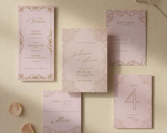 Blush roze huwelijksuitnodiging suite canvas, bewerkbare roségouden baroksjabloon, RSVP-menukaart direct downloaden