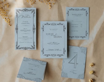 Conjunto de convites de casamento em tons de azul acinzentado, modelo barroco editável no Canva, menu, marcadores de lugar, números de mesa e RSVP, download instantâneo.