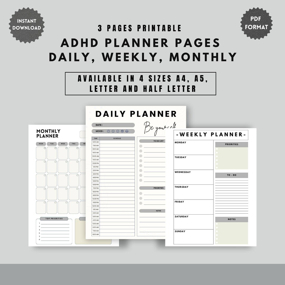 ADHD Planner Printable Set, Daily Weekly Monthly, ADHD Friendly ...