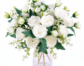 4 Bunches White Artificial Peony Flowers | Silk Faux Peony Bouquets