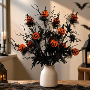 5 Pcs Halloween Floral Stems, 19.5 Inch Pumpkin Maple Leaf Branches, Black Orange Fall Flowers, Spooky Vase Decor, Halloween Centerpiece