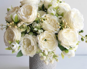 4 Bundles White Artificial Peony Flowers | Silk Faux Peony Bouquets for Home Decor