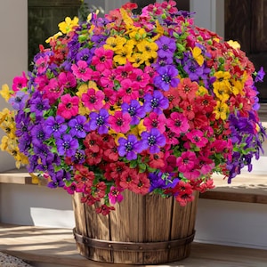 May include: A large wooden barrel overflowing with vibrant, colorful flowers. The flowers are a mix of yellow, pink, red, and purple, creating a cheerful and eye-catching display. The barrel has metal bands around it.