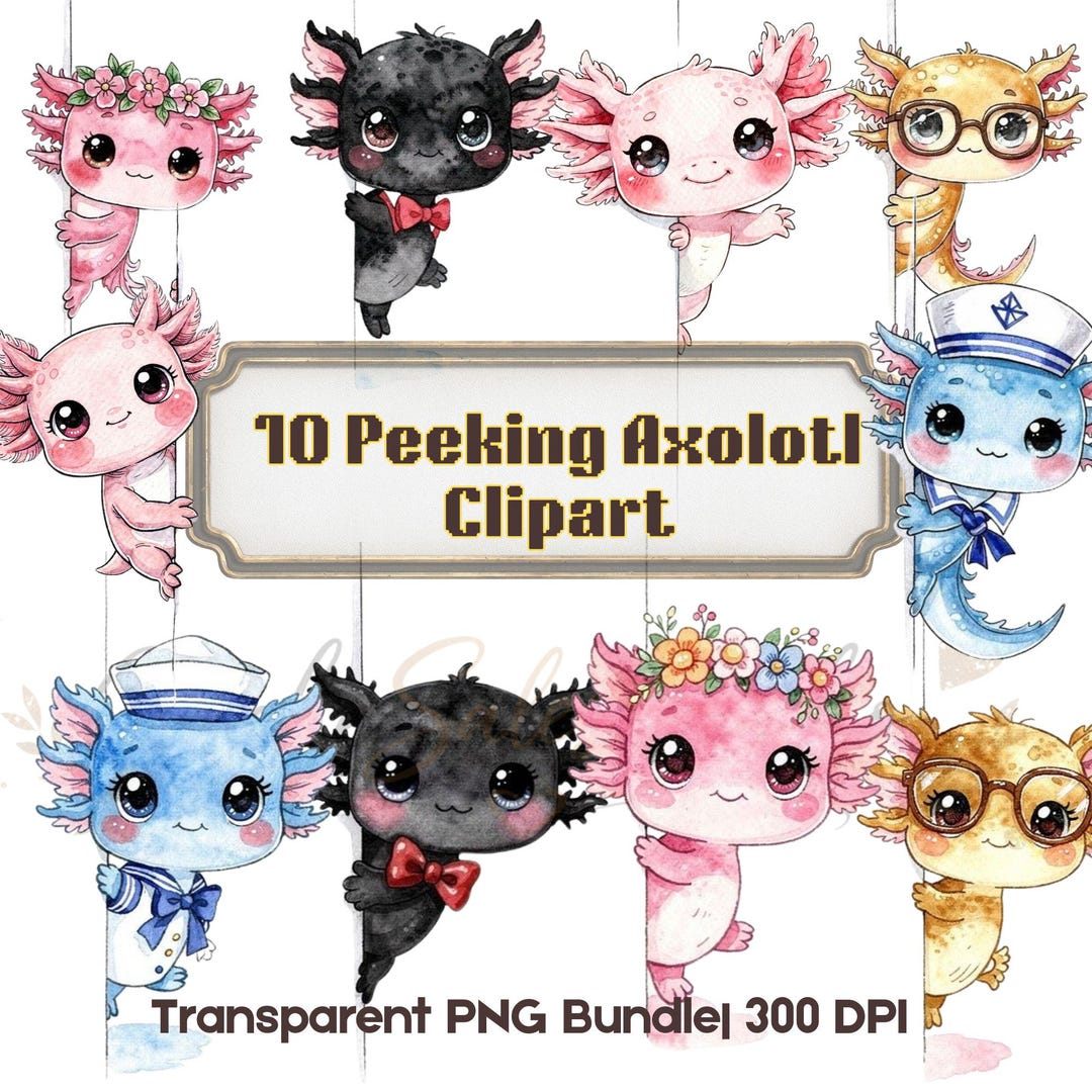 Cute Axolotl Kawaii Watercolor Clipart, Peeking Animal PNG Bundle ...