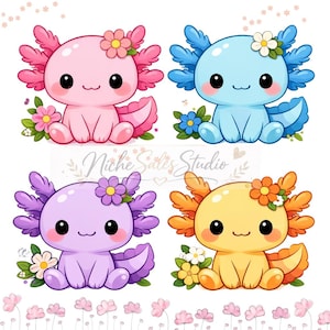 Floral Axolotl Clipart PNG Bundle | Pastel Kawaii Sticker Design (Digital Download)