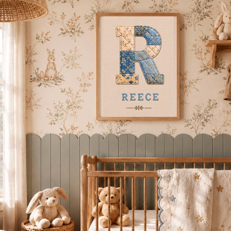 Personalized Patchwork Initial and Name Print | Custom Nursery Wall Art | Quilted Embroidery Look Letter | Baby Girl Boy Gift | image 7