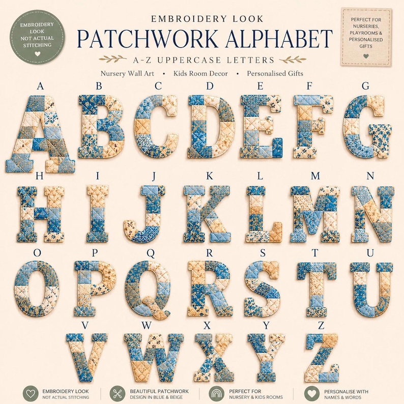 Personalized Patchwork Initial and Name Print | Custom Nursery Wall Art | Quilted Embroidery Look Letter | Baby Girl Boy Gift | image 4