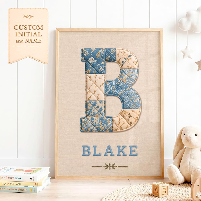 Personalized Patchwork Initial and Name Print | Custom Nursery Wall Art | Quilted Embroidery Look Letter | Baby Girl Boy Gift | image 1