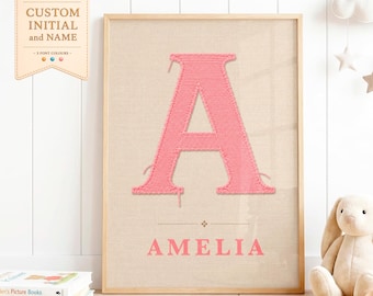 Custom Initial & Name Print | Personalized Wall Art | Embroidery Inspired Print | Babyshower Gift | Name Initial Poster