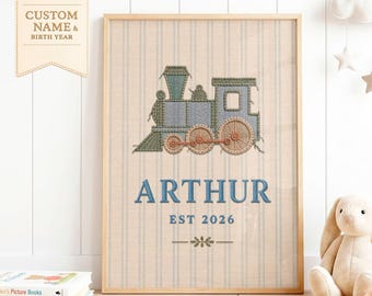 Personalised Name and Birth Year, Nursery Print | Custom Baby Name Wall Art | Vintage Embroidery Style Train Decor | Baby Boy Nursery Art |