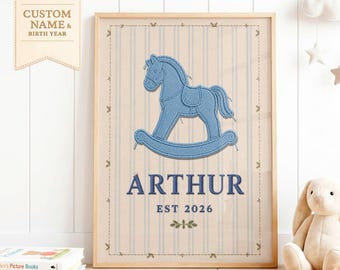 Personalized Rocking Horse Nursery Print | Custom Baby Name Wall Art | Vintage Embroidery Style Nursery Decor | Baby Boy Gift | Keepsake