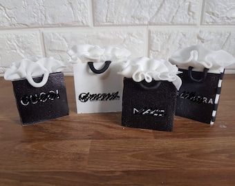 3D edible shopping bags, high street shops, cake topper decorations, vegan, fully customisable
