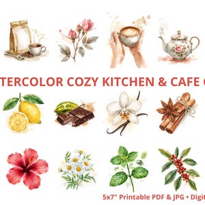 May include: A collection of 18 watercolour illustrations featuring kitchen and cafe themes, including coffee beans, tea sets, flowers, spices, and herbs. The text 18 WATERCOLOR COZY KITCHEN & CAFE CARDS and 5x7" Printable PDF & JPG • Digital Download is visible.