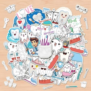 May include: A selection of colourful dental-themed stickers featuring cartoon teeth, toothbrushes, and dental tools. Some stickers have text like "LOVE", "DENTISTS", and "Mint to Be". The stickers are on a light brown wooden surface.