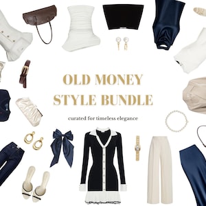 Op de afbeelding: Een collectie kleding en accessoires waaronder een zwart-wit vest, een marineblauwe rok, een beige broek, witte tops, bruine handtassen, een parelketting, een gouden horloge, oorbellen, een haarstrik en hakken met de tekst OLD MONEY STYLE BUNDLE.