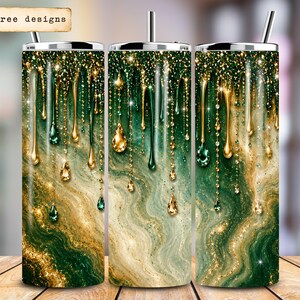 May include: Three cylindrical tumblers with lids and straws featuring a green and gold marble pattern with glittery accents and hanging teardrop-shaped jewels. The text 30 free designs is visible in the upper left corner of the image.