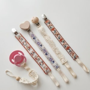 Handmade Set of 2 Boho Vintage Pacifier Clips, Jacquard Fabric Dummy Holder, Lace & Jacquard Baby Accessory