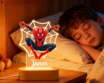 Veilleuse super-héros personnalisée pour enfants, lampe LED Spider Boy avec nom personnalisé, décoration de chambre de garçon, lumière cool pour chambre de bébé, cadeau d'anniversaire pour fils
