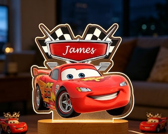 Lámpara de noche personalizada con forma de coche de carreras para niños, lámpara LED con nombre personalizado, lámpara de mesita de noche con forma de coche de carreras de dibujos animados, decoración para la habitación infantil, regalo de cumpleaños para niños.