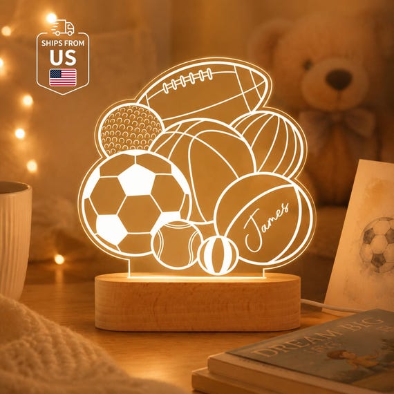 Custom name + sport etched into glowing acrylic — a night light that actually looks like it belongs in a teen's room.