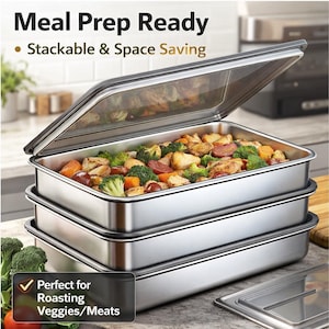 May include: Stackable stainless steel meal prep containers with a clear lid, filled with roasted vegetables and meats. The containers are designed for space-saving storage. Text on the image reads "Meal Prep Ready" and "Stackable & Space Saving."