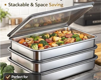 Juego de bandejas para hornear de acero inoxidable con tapas, bandejas apilables para preparar comidas, bandeja antiadherente fácil de limpiar, recipientes de almacenamiento de cocina, 3 piezas