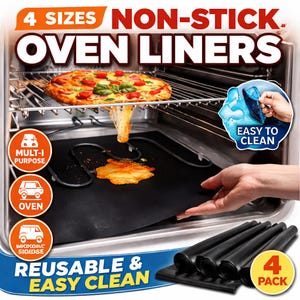 Puede incluir: Revestimientos de horno antiadherentes negros con el texto "4 SIZES NON-STICK OVEN LINERS". La imagen muestra una pizza en un horno, con un revestimiento en su lugar. Los revestimientos están etiquetados como "REUSABLE & EASY CLEAN" y "4 PACK".