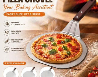 Pala para pizza de 6,5/10/12 pulgadas, pala metálica antiadherente para pizza con mango de madera, bandeja elevadora para pasteles, ideal para hornear en casa, transferir pizza y pan.