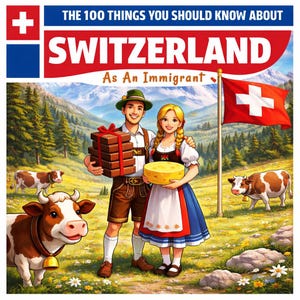 Può includere: Copertina del libro intitolata "Le 100 cose che dovresti sapere sulla Svizzera come immigrato". L'immagine presenta una coppia in abiti tradizionali svizzeri che tiene regali e formaggio, con mucche e una bandiera svizzera sullo sfondo.