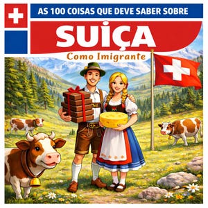 May include: Illustration of a couple in traditional Swiss attire holding a stack of chocolate and a cheese wheel. Cows graze in a meadow with a Swiss flag in the background. The image has text in Portuguese.