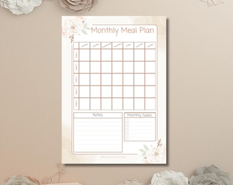 Monthly Meal Planner Template | 5-Week Food Diary | Floral Canva (Digital Download)