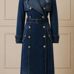 Könnte beinhalten: Langer, dunkelblauer Jeans-Trenchcoat mit doppelreihigem Design. Der Mantel hat goldfarbene Knöpfe, einen Gürtel und einen klassischen Trenchcoat-Kragen. Das Etikett "MISSJACKSON" ist oben sichtbar.