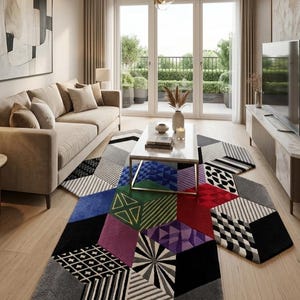 Handmade Wool Tufted Geometric Patchwork Rug, Modern Abstract Hexagon Carpet