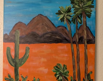 Original Desert Landscape Painting – Saguaro, Palms, Southwest Impressionist Art